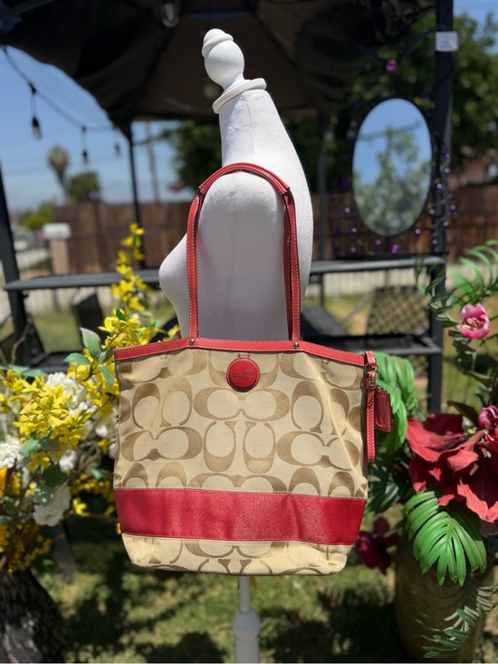 Coach Handbags - Coach Beige Signature Canvas Tote with Red Trim and Handles